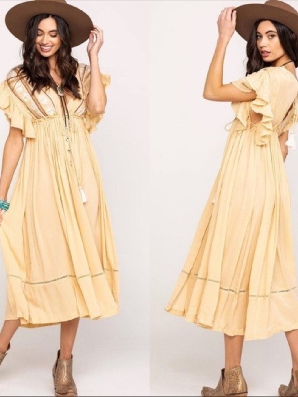 Free People Buttercup Yellow Boho Ruffle Midi Dress